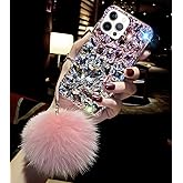 Losin Compatible with iPhone 13 Pro Max Bling Diamond Rhinestones Case Fashion Luxury 3D Glitter Sparkle Crystal Gemstone Cover Cute Fur Plush Ball Pendant Cover for Women and Girls