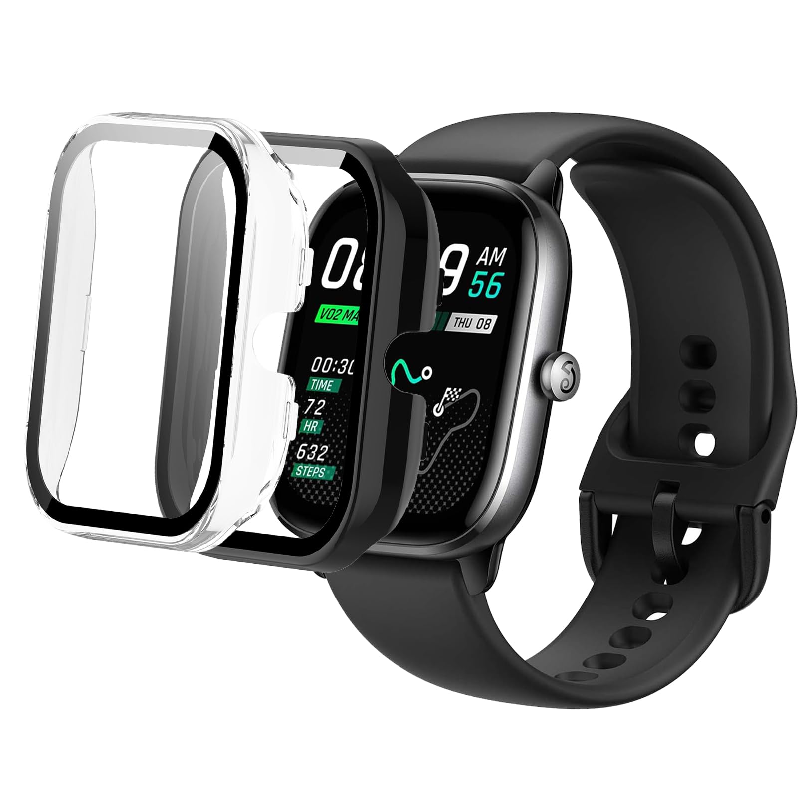 KUSINHOKA [2Pack] Case for Amazfit GTS 4 Mini Tempered Glass Screen Protector，PC Hard Case Tempered Glass Screen Protection Cover Slim Full Cover Scratch Proof Protector，Blue+Transparent