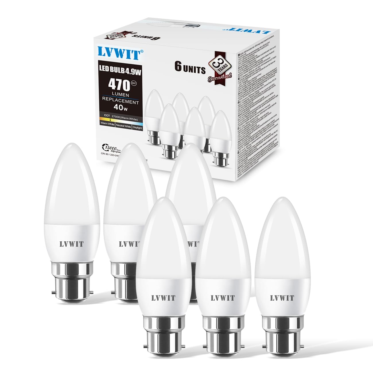 LVWIT B22 Candle Bulb,C37 Bayonet Candle Light Bulb 40W Equivalent, 4.9W,470Lm,2700K Warm White Candle Bulbs Bayonet,Energy Saving Chandelier Lightbulbs,Non-Dimmable (Pack of 6)