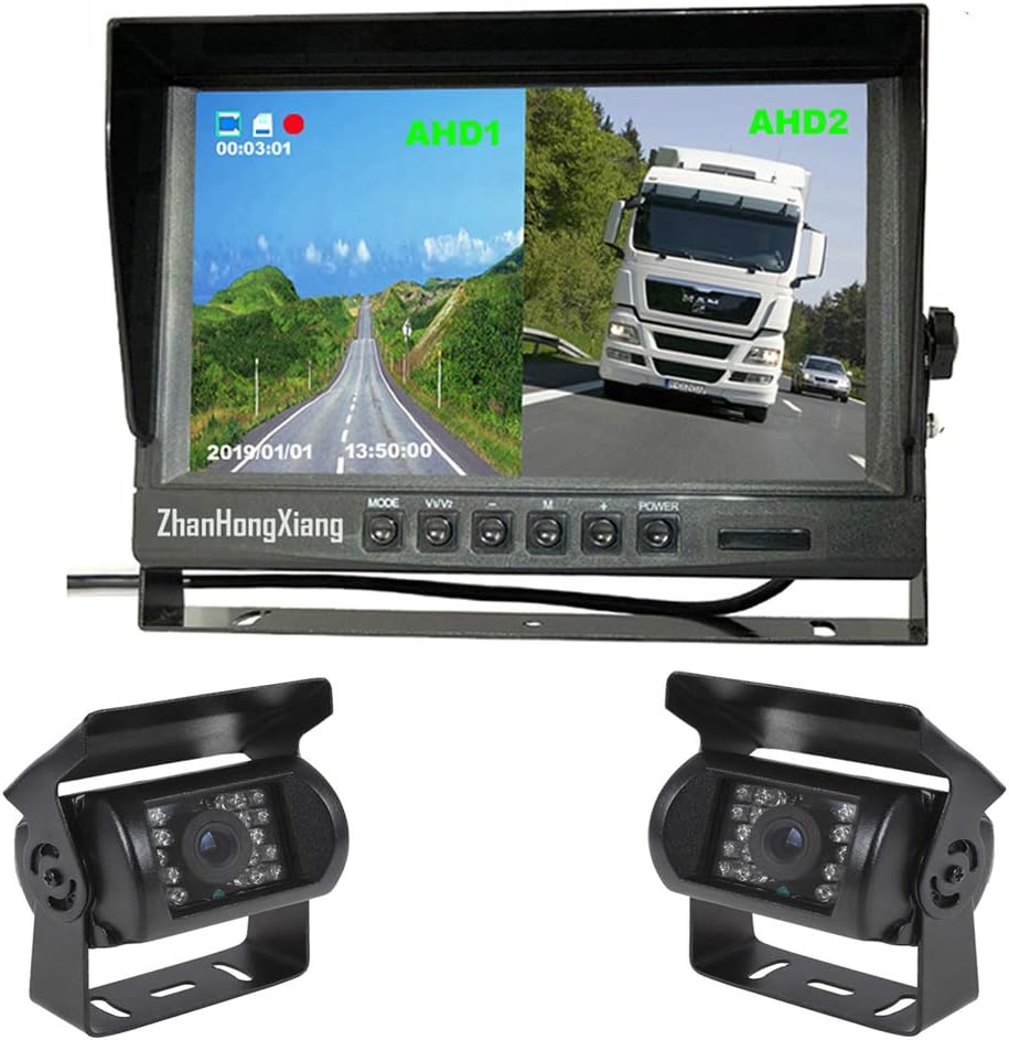 HD 1080P RV Backup Camera 9 inch DVR Monitor System,2 x 4 Pin Car Reverse Rear View Mirror Blindspot Camera + 9" IPS 2 Split Screen with 10m/20m Cable for Semi Truck Trailer Camper