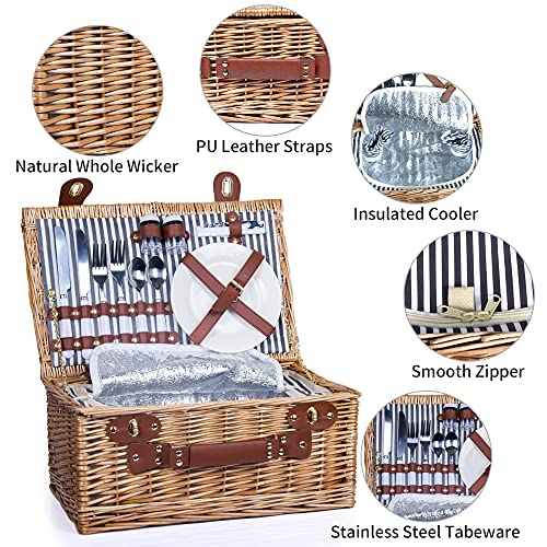 SatisInside Picnic Basket for 2 Wicker Picnic Set with Insulated Liner