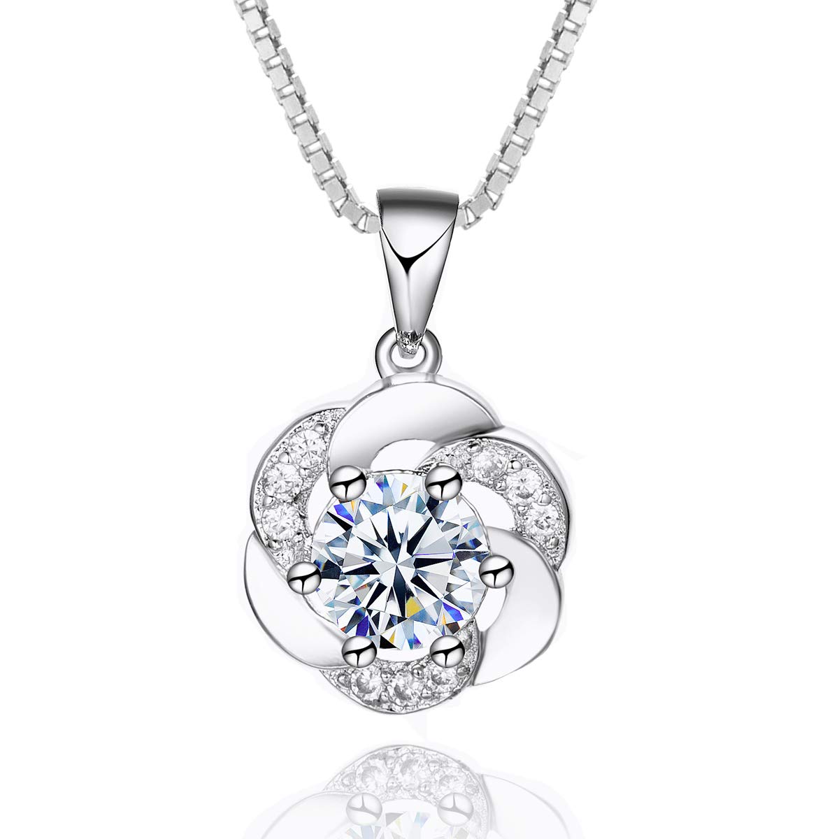 Josfeva Silver Necklaces for Women, 925 Sterling Silver Necklace with White Cubic Zirconia, Diameter 11mm * 17mm Silver Flower Pendant Necklace with 45cm Chain Gift for Her Girls Wife with Gift Box