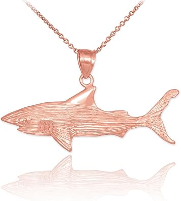 Sea Life Collection Solid 14k Rose Gold Textured Charm Great Rose Shark Pendant Necklace