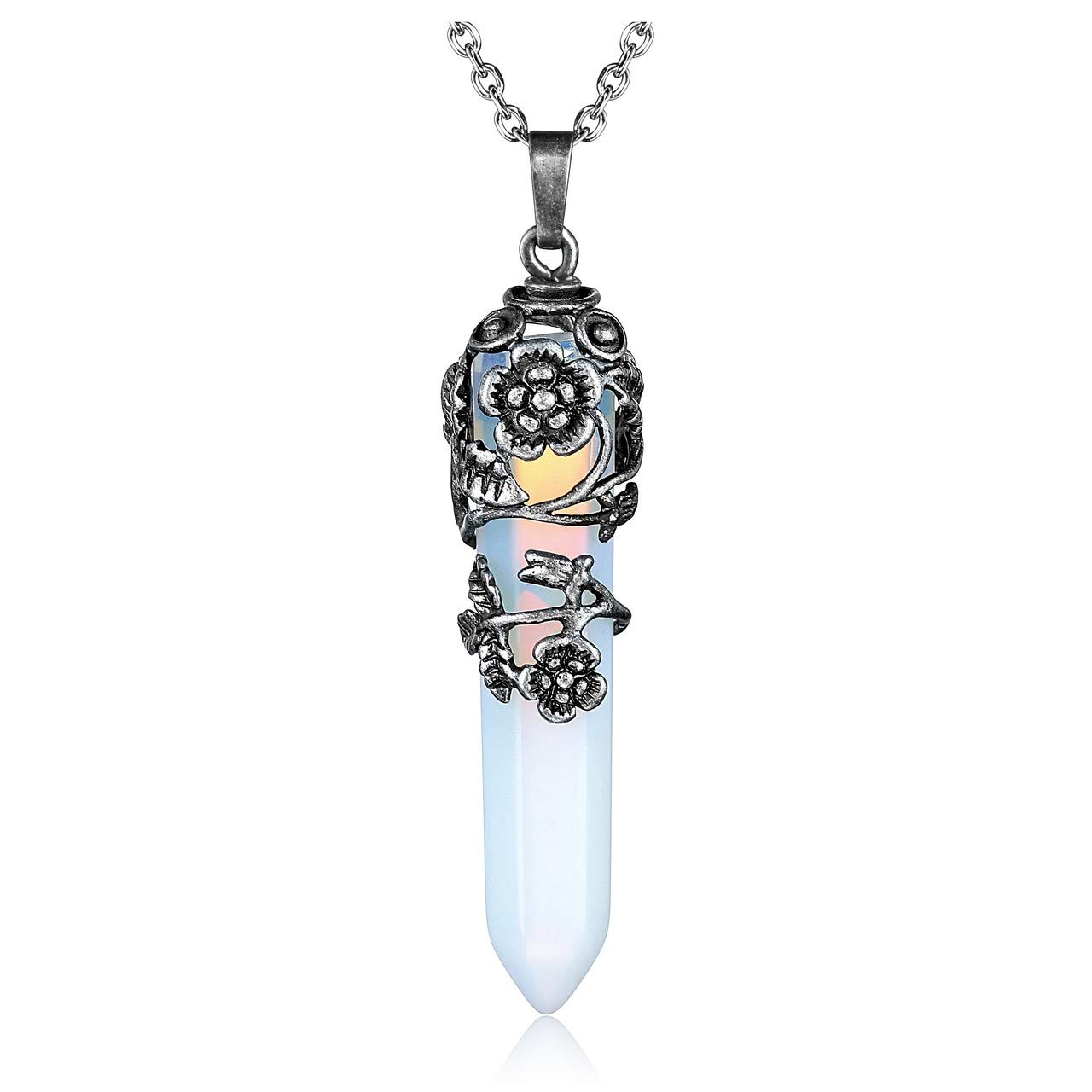 JSDDE Vintage Flower Wrapped Synthetic Opalite Reiki Healing Crystal Pendant Necklace