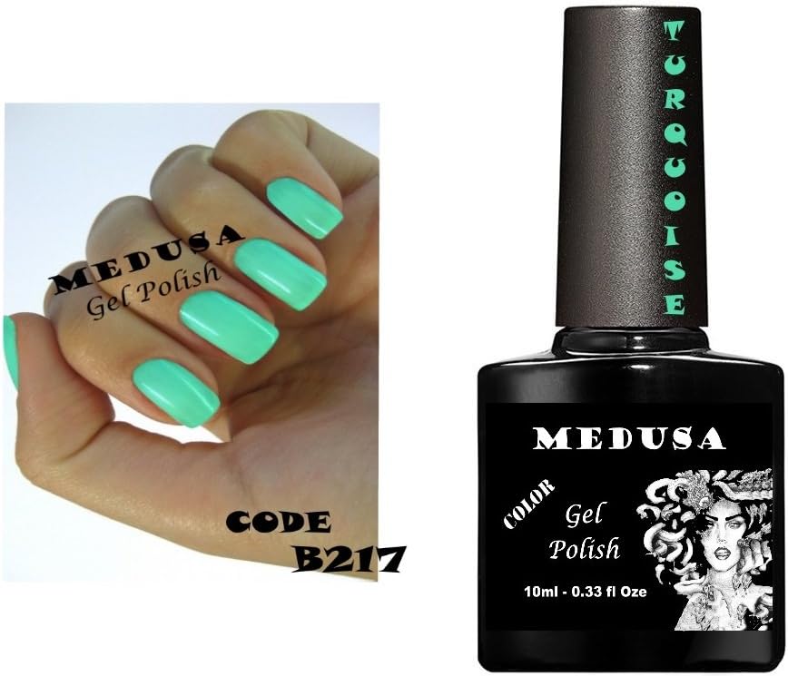 Medusa smalto gel B217 Blu Turchese Verde 10 ml UV/LED soak off. Regalo con 6 bottiglie 20 Nail Strass Colore Blu Cielo