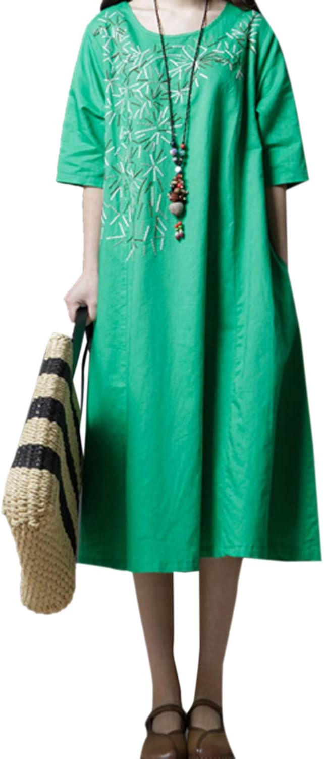 Vepodrau Women Cotton and Linen Dress Loose Printed Dresses Green XL