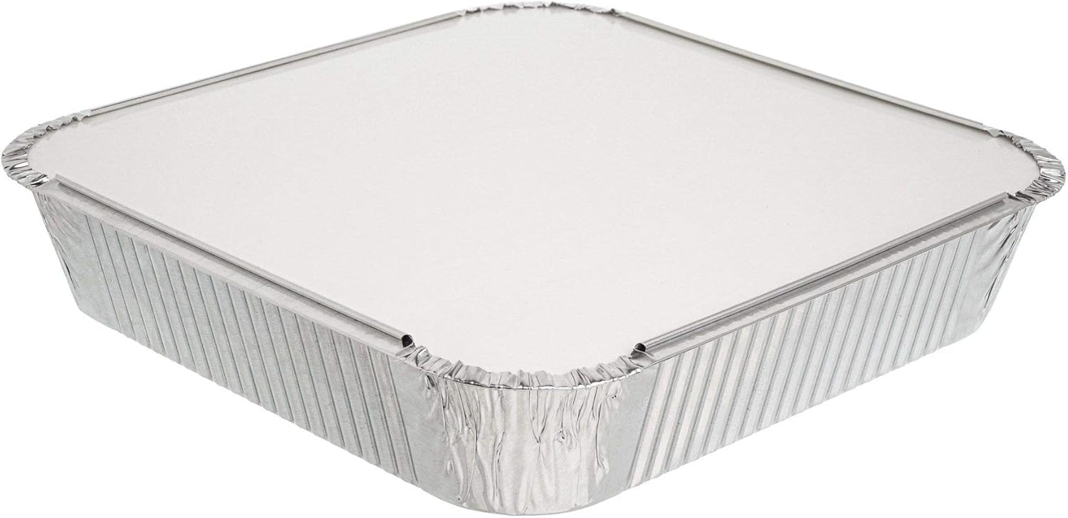 Essential Housewares 10 Aluminium Foil Trays with Lids - 24 x 24cm (9 x 9 inch) Heavy Duty Disposable Foil Baking Trays Takeaway Containers with Lids. Metal Food Trays for Catering & More.