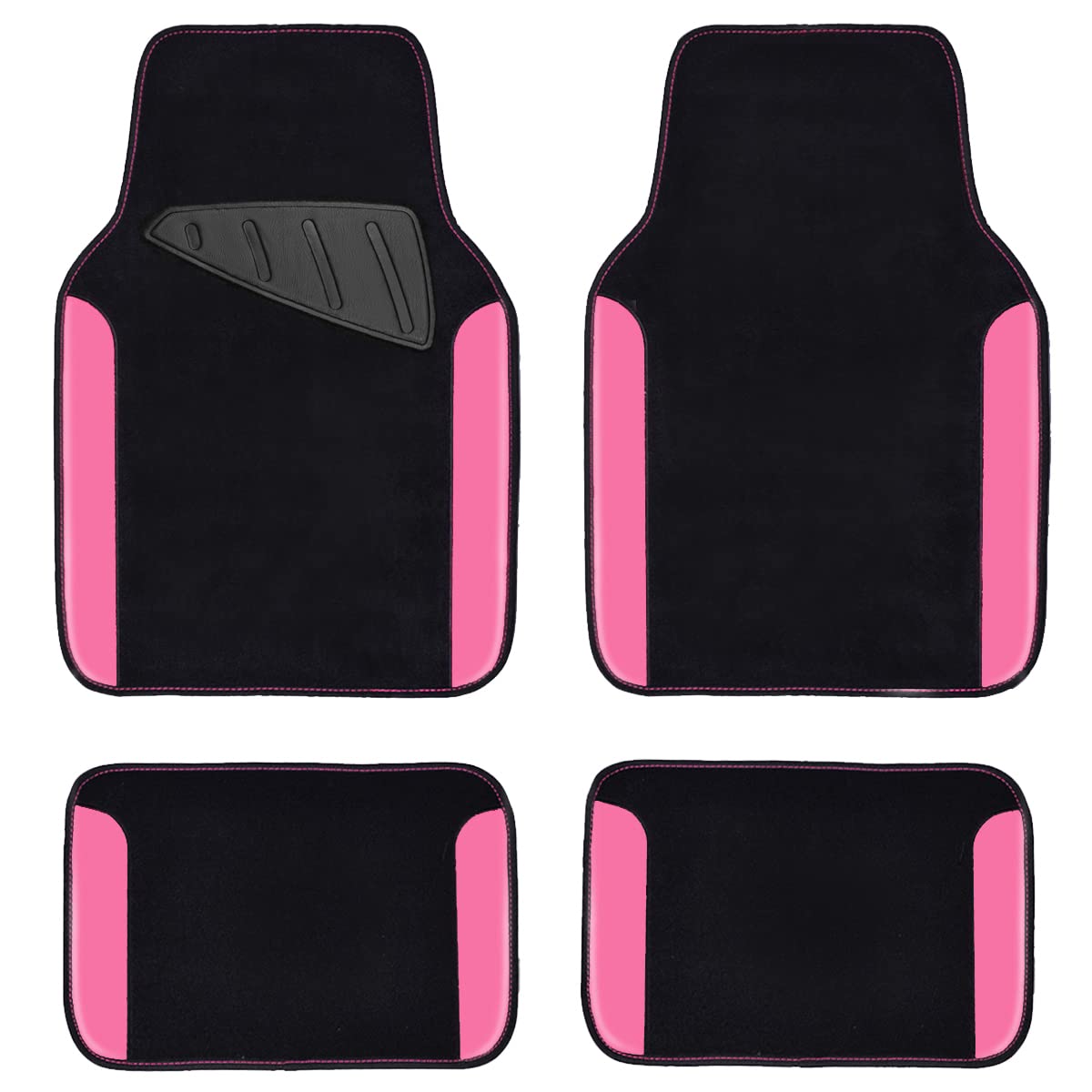 CAR PASS Waterproof Universal Fit Car Floor Mats, Anti-Slip Nibbed Backing Carpet Mats for SUV, Vans, Sedans, Trucks, Automotive Set of 4pcs Car Carpet with Driver Heel Pad (Black with Rose Red)
