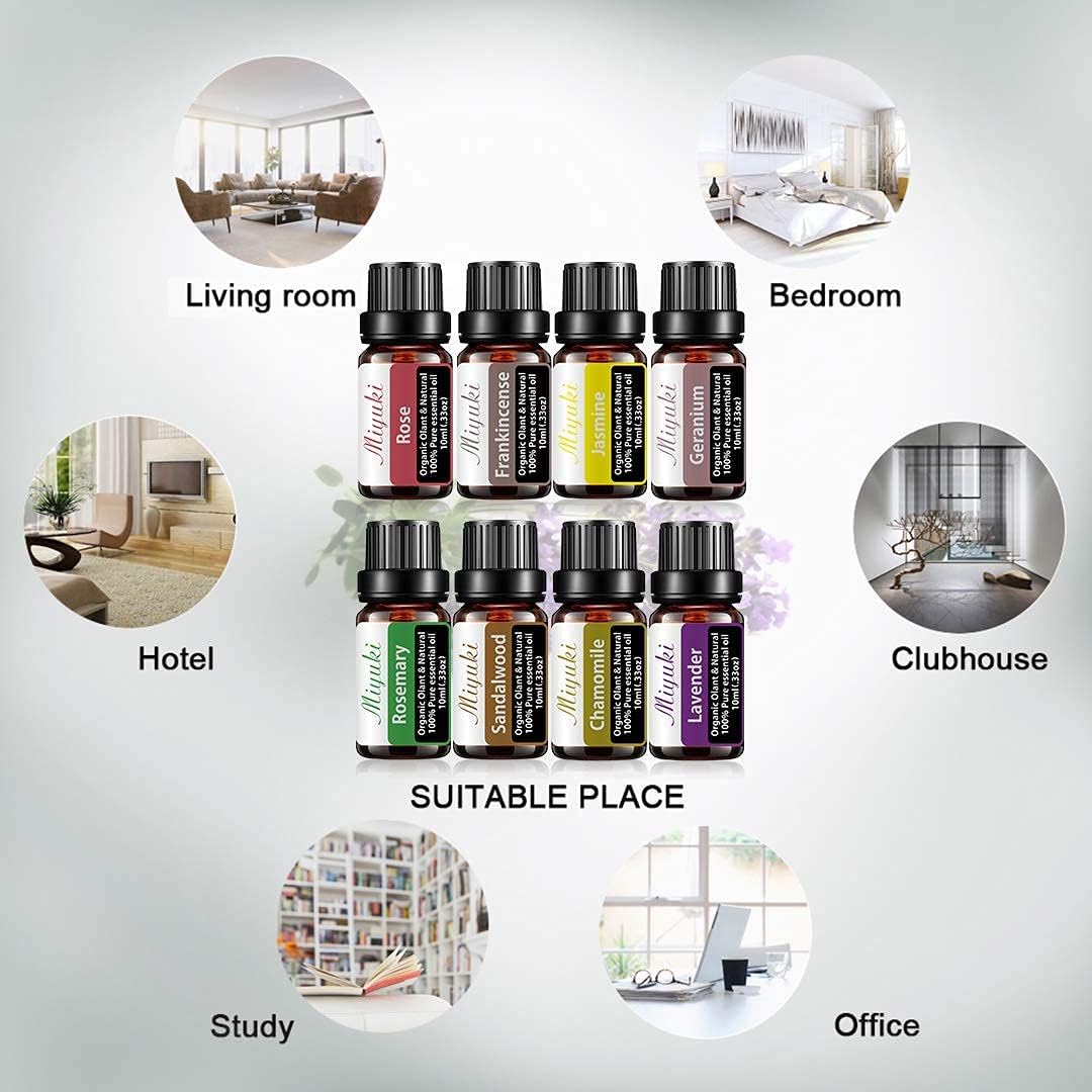 Miyuki Essential Oil Sets Organic Plant & Natural 100% Pure Oils with Rose,Frankincense,Jasmine,Geranium,Lavender,Chamomile,Sandalwood,Rosemary - 8 Pack x10ML: Health & Personal Care