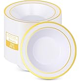 realluck 100pc Disposable Soup Bowls with Gold Rim,12oz Disposable Soup Bowls,Disposable Soup Dessert Salad Bowls for Wedding/Party/Catered Events