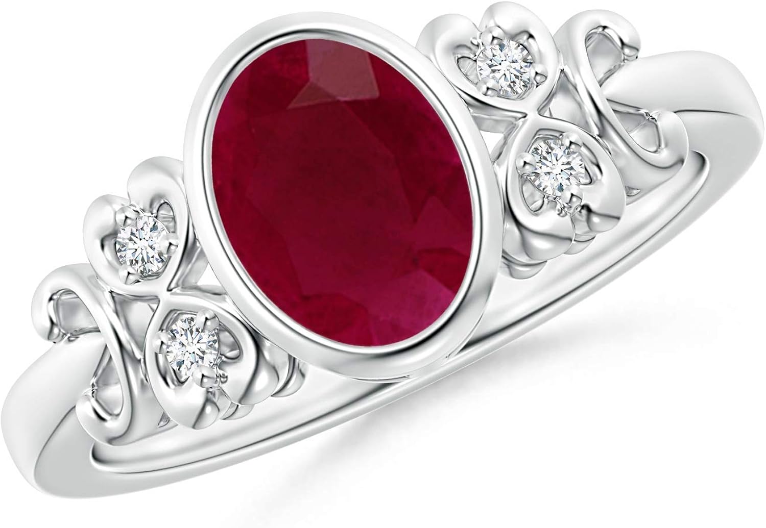 Vintage Style BezelSet Oval Ruby Ring with Diamonds in 14K White Gold