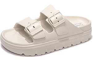 FUNKYMONKEY Women's Comfort Slides Double Buckle Adjustable Plastics Flat Sandals