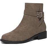 Athlefit Women's Ankle Boots Chunky Low Heel Fashion Round Toe Buckle leather Booties