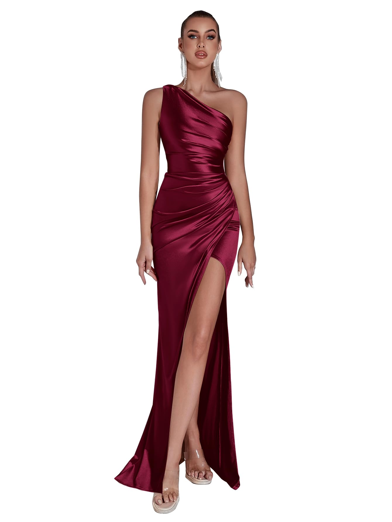 Photo 1 of (M) ADYCE Formal Dresses for Women Cocktail Wedding Guest Satin One Shoulder Maxi Party Prom Sexy Corset Bodycon Evening Gowns (US, Alpha, Medium, Regular, Regular, Wine RED)