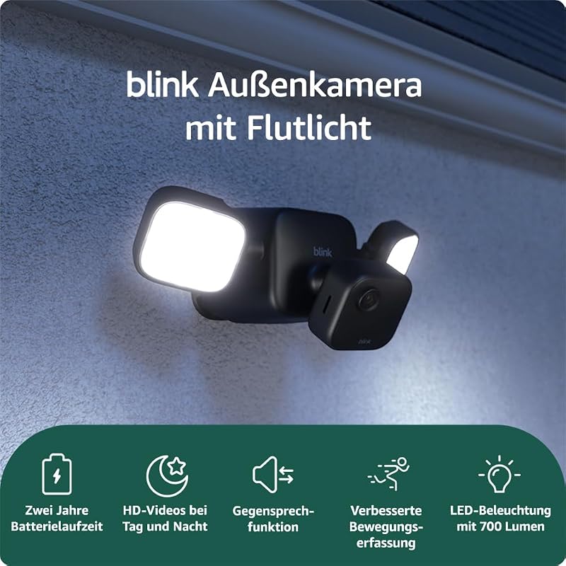 Außenkamera mit Flutlicht (neueste Generation) | Kabellose intelligente Sicherheitskamera, 700 Lumen LED, zwei Jahre Batterielaufzeit, verbesserte Bewegungserfassung | Sync-Basismodul enthalten