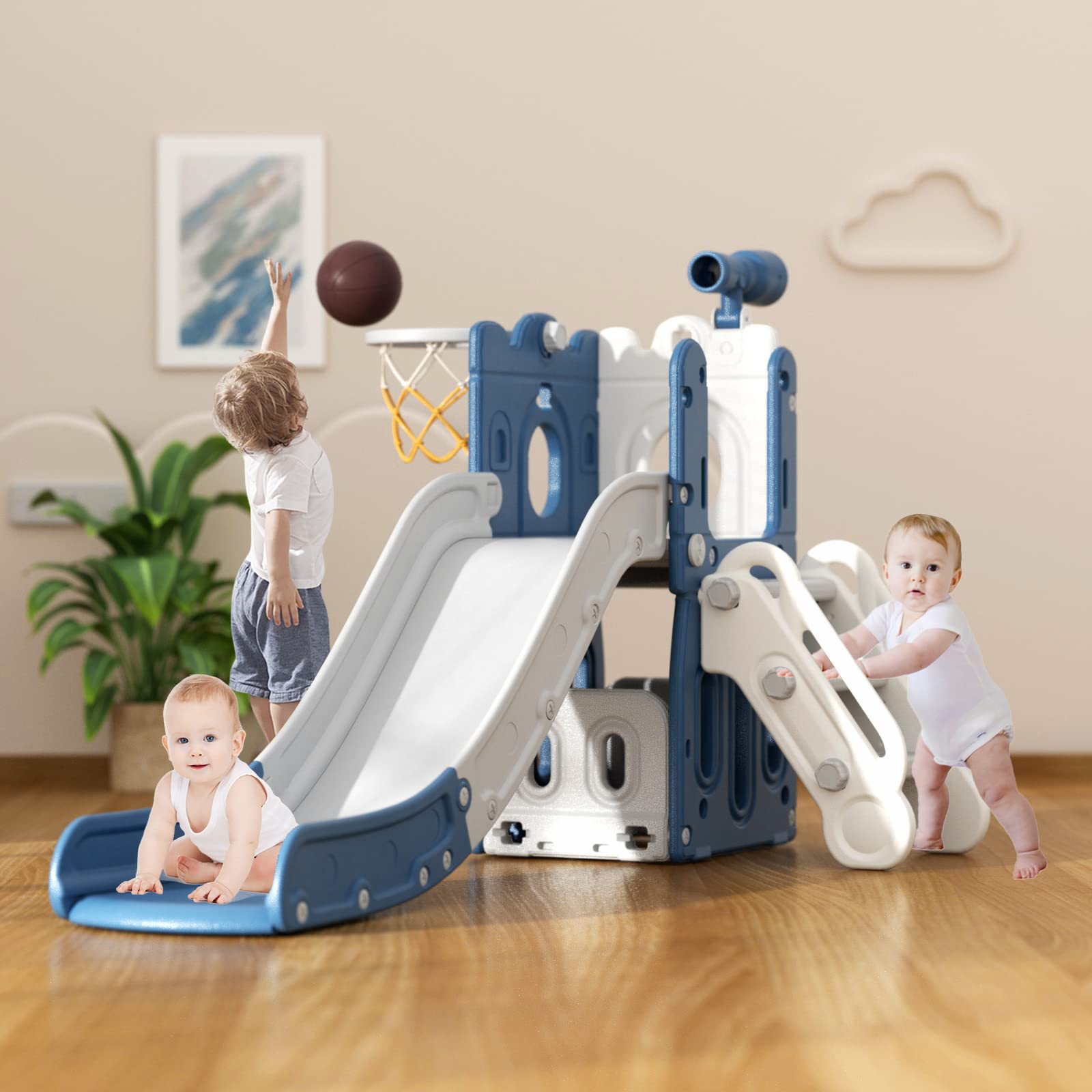 Photo 1 of (PINK, OFF WHITE, and GRAY colored) Glaf Toddler Slide 7 in 1 Kids Slides Outdoor Playset Indoor Playground for Backyard Baby Slide Climber Slides with Telescope Basketball Hoop Tunnel Storage Space and Ball (Blue)