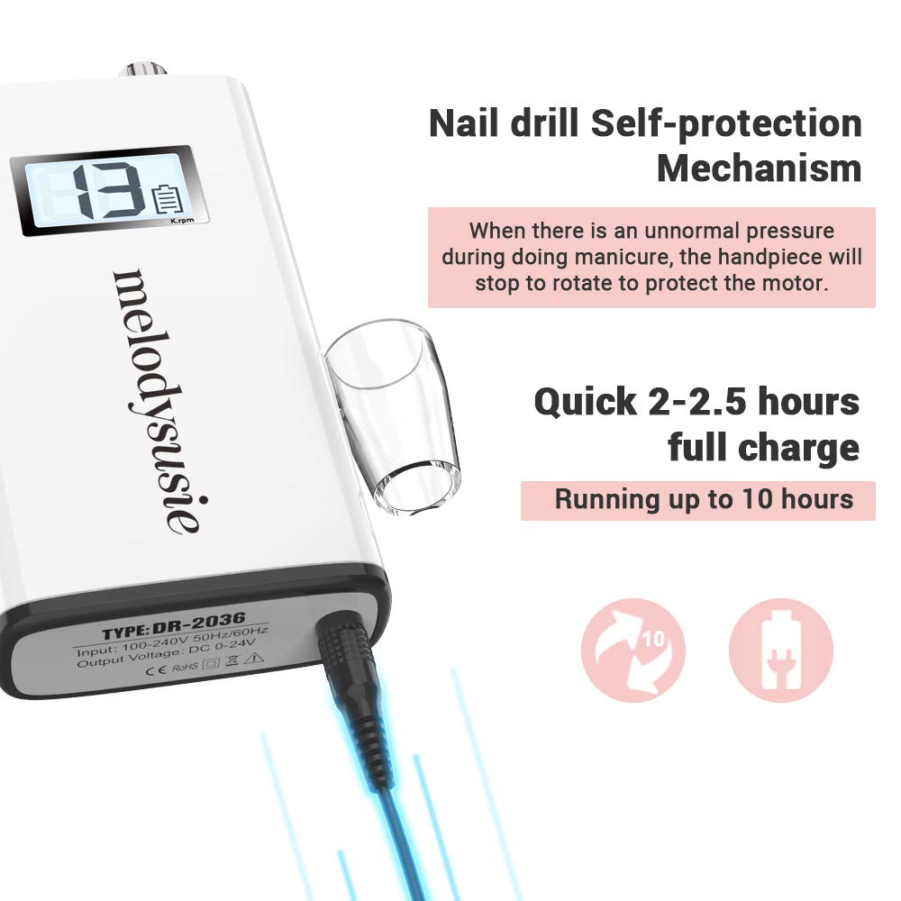 MelodySusie Professional Rechargeable 30000 rpm Nail Drill, Portable E-File with Long Life Battery, Electric Tool for Acrylic Nail Natural Extension Poly Nail Gel, High Speed, Low Heat, White: Beauty