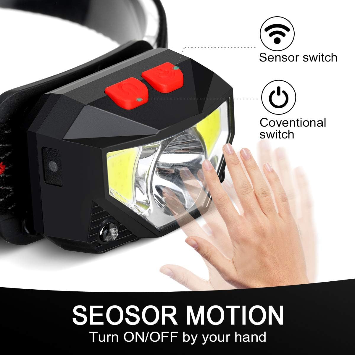 SGODDE 2 Pack Headlamp Flashlight, 800 Lumens USB Rechargeable Headlamp Ultra Bright LED Headlight Motion Sensor Head Lamp/8 Modes/Waterproof/Built in Batteries for Outdoors, Running, Camping, Hiking - - 