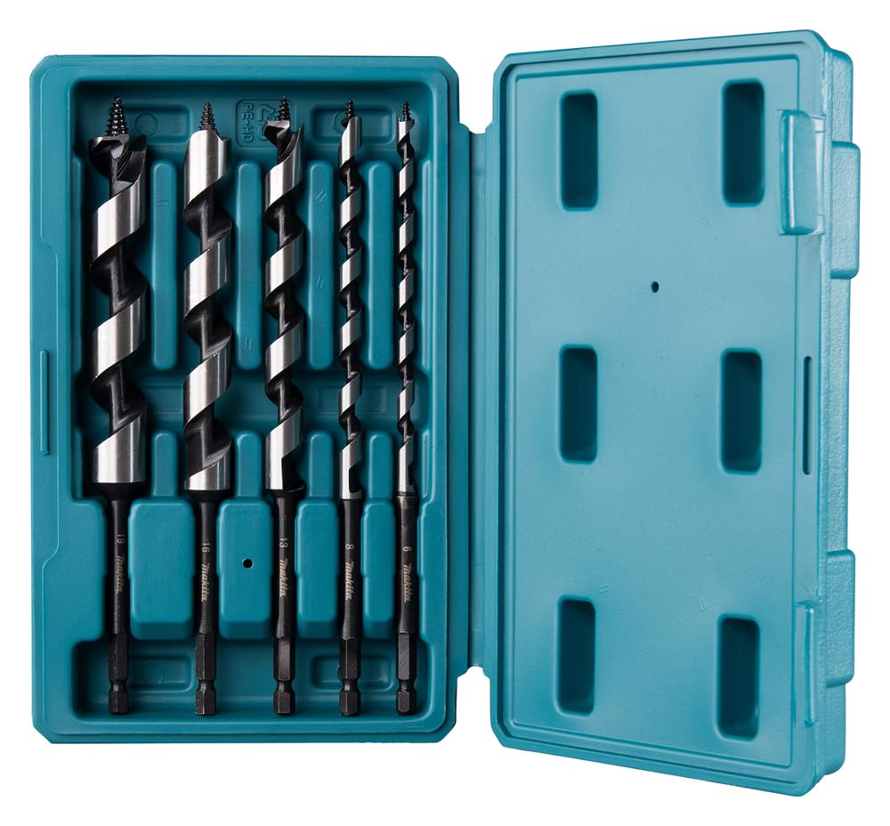 Makita D-75677 Auger Drill Bit Set 5 Pieces in Storage Box for Soft and Hardwood 200 mm Long Diameter 6-19 mm 1/4 Inch Hex Socket