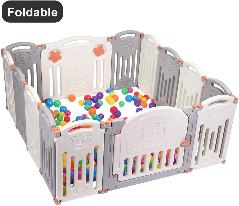 Iceclubs Foldable Kids Safety Play Yard Baby Playpen,Kids Activity Centre Safety Play Yard Home Indoor Outdoor (Whrite and Gray,Set 14 Panel)