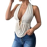 Women's Sexy Draped Cowl Deep V Neck Crop Top Open Back Halter Vest Tank Top Sleeveless Party Rave Going Out Tops