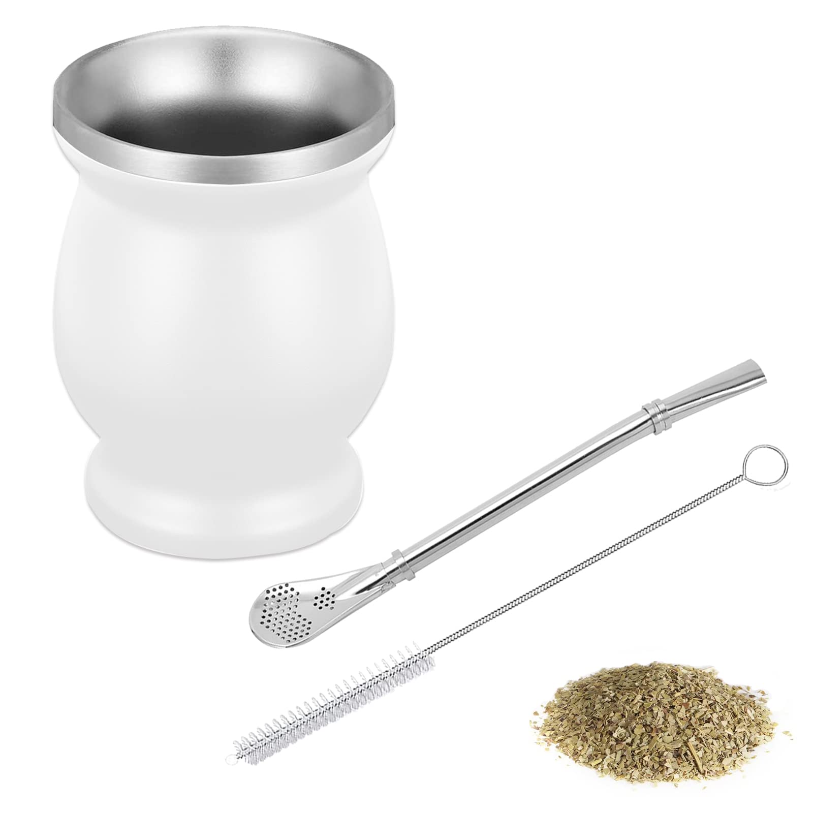 SVUPUE Yerba Mate Cup, Yerba Mate,Double-Wall Yerba Tea Set, Yerba Cup, with Straw Spoon and Cleaning Brush, for Yerba Mate Drink, Coffee, Milk and Juice, White,8oz