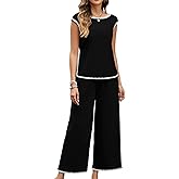 Gardenwed Women's Two Piece Outfit, Cap Sleeve Top and Wide Leg Pants Elegant Summer Set with Trim Design