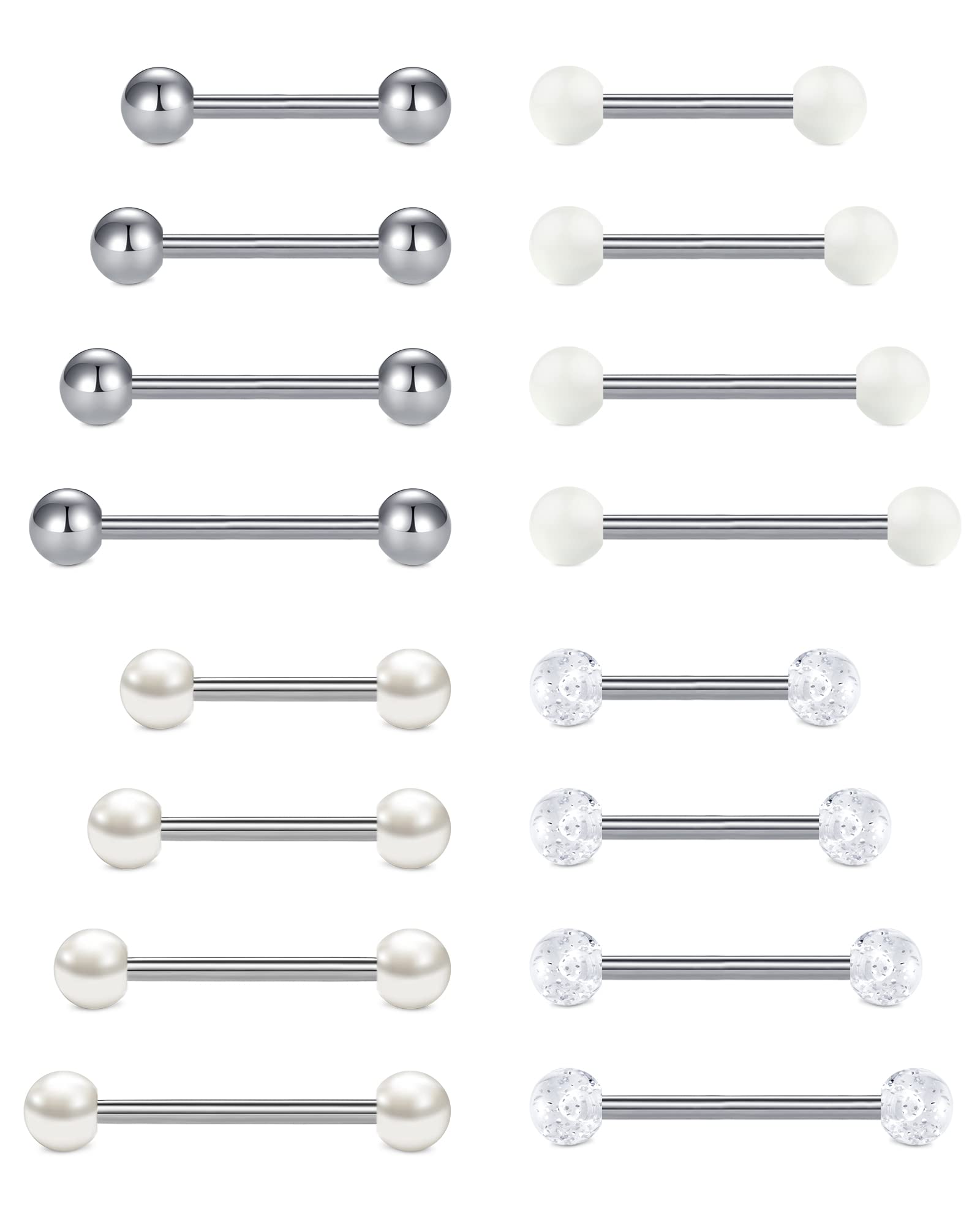 LAURITAMI 16pcs Tongue Bars 14G 12-18mm Straight Barbell Surgical Steel Tongue Nipple Ring Piercing Jewellery Women Men
