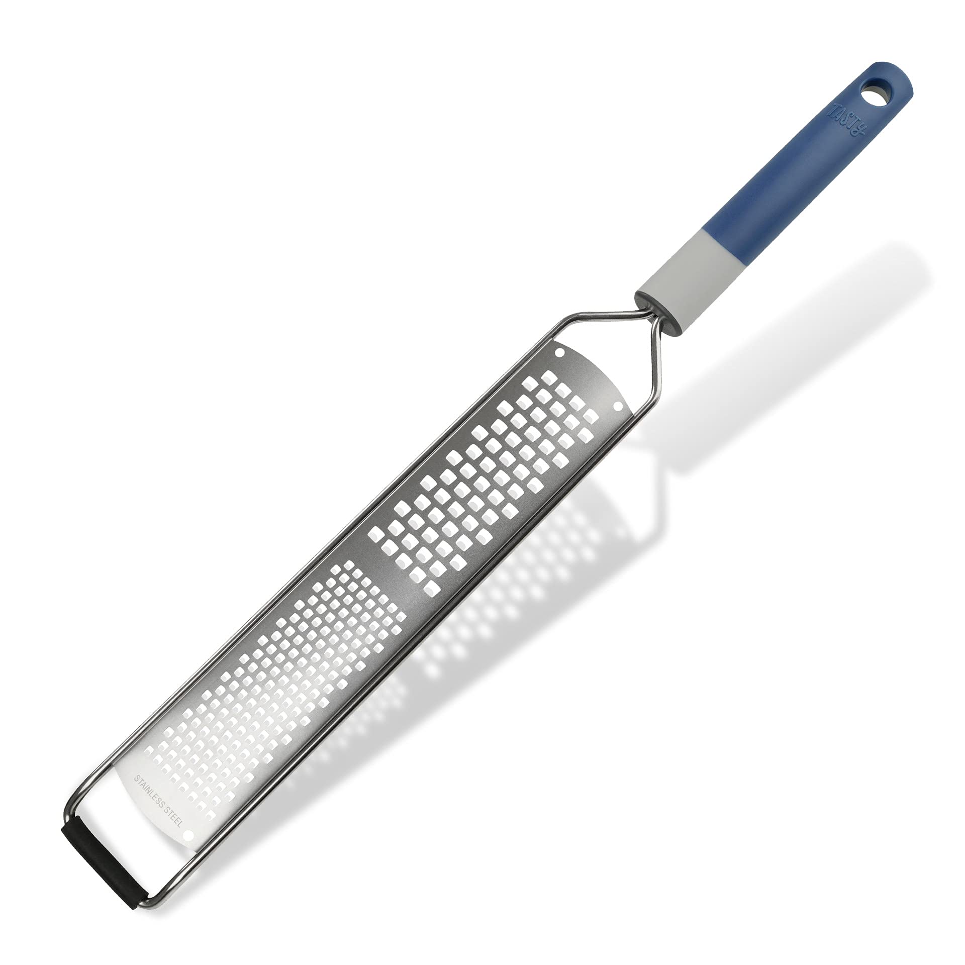 Tasty Hand Grater with Fine & Coarse Surface, Hand Cheese Grater & Lemon Zester with Non-Slip Base & Stainless Steel Grating Surfaces, Dimensions: 38.5x5x2cm, Colours: Dark Blue & Grey