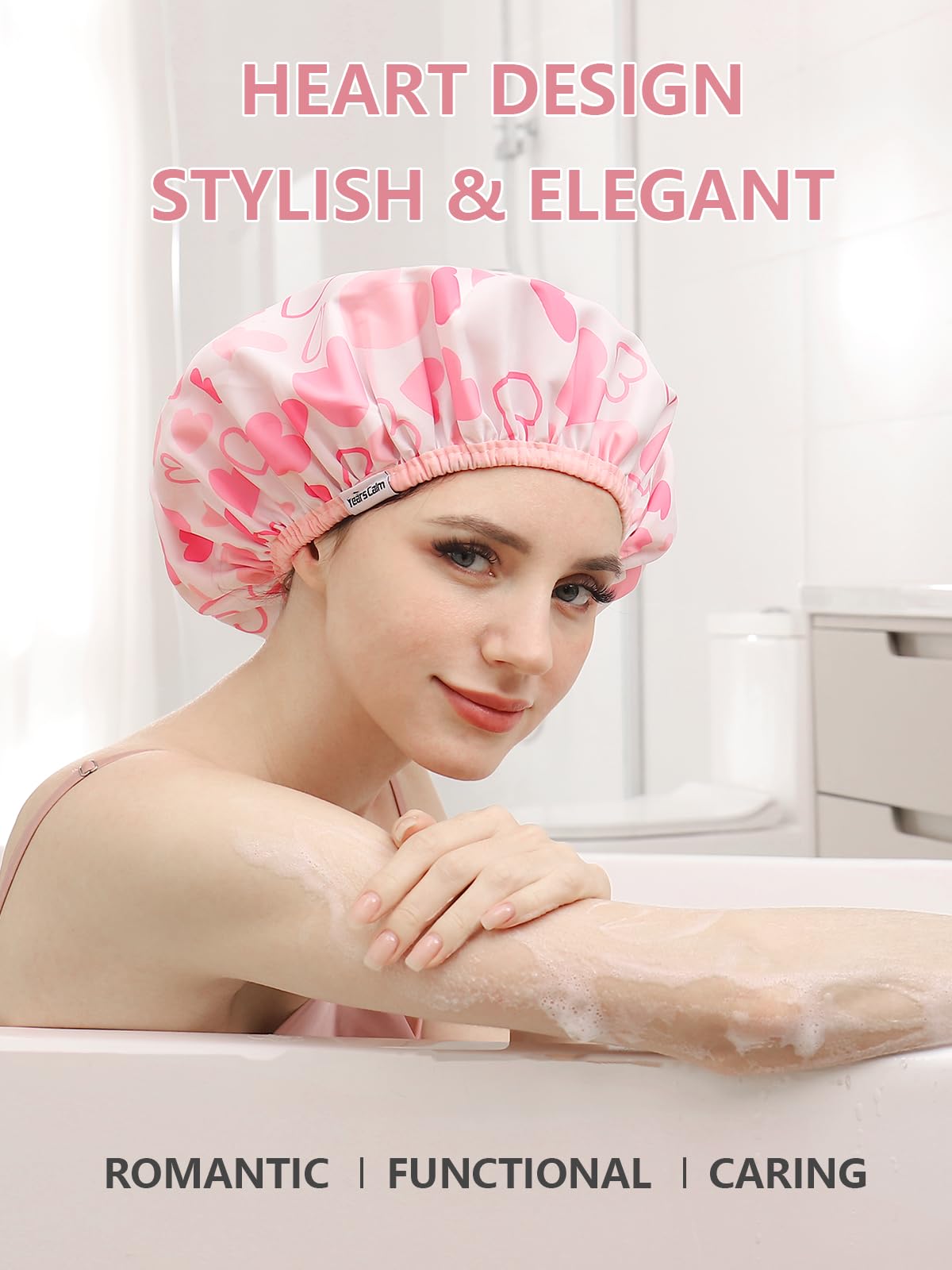 Years Calm Shower Caps For Women Reusable Waterproof，Pattern And Solid Color Dual-Layer Design For Dual-Layer Usable，Protects Hair In Shower, Spa, Cooking, Clean & Travel (Pink, One Size)