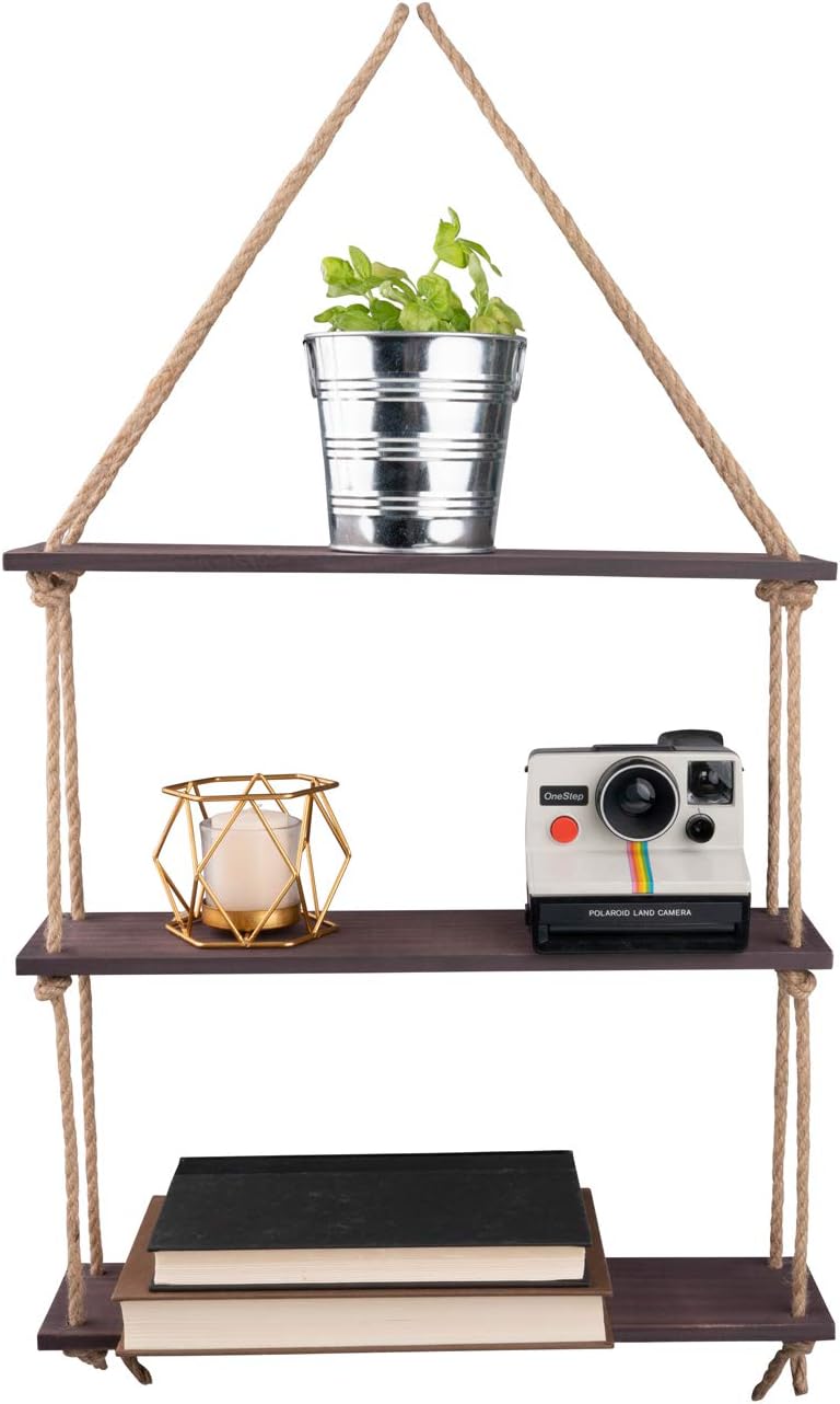 Simply Superlative Designs Rustic Swinging Hanging Rope Shelf Wall Decor Wooden Jute Rope Organizer 3-Tiered