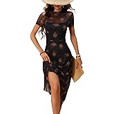 GothDark Women's Wedding Guest Floral Print Vintage Goth Dress Mesh Spliced Double-Layered Irregular Hemline Midi Dresses