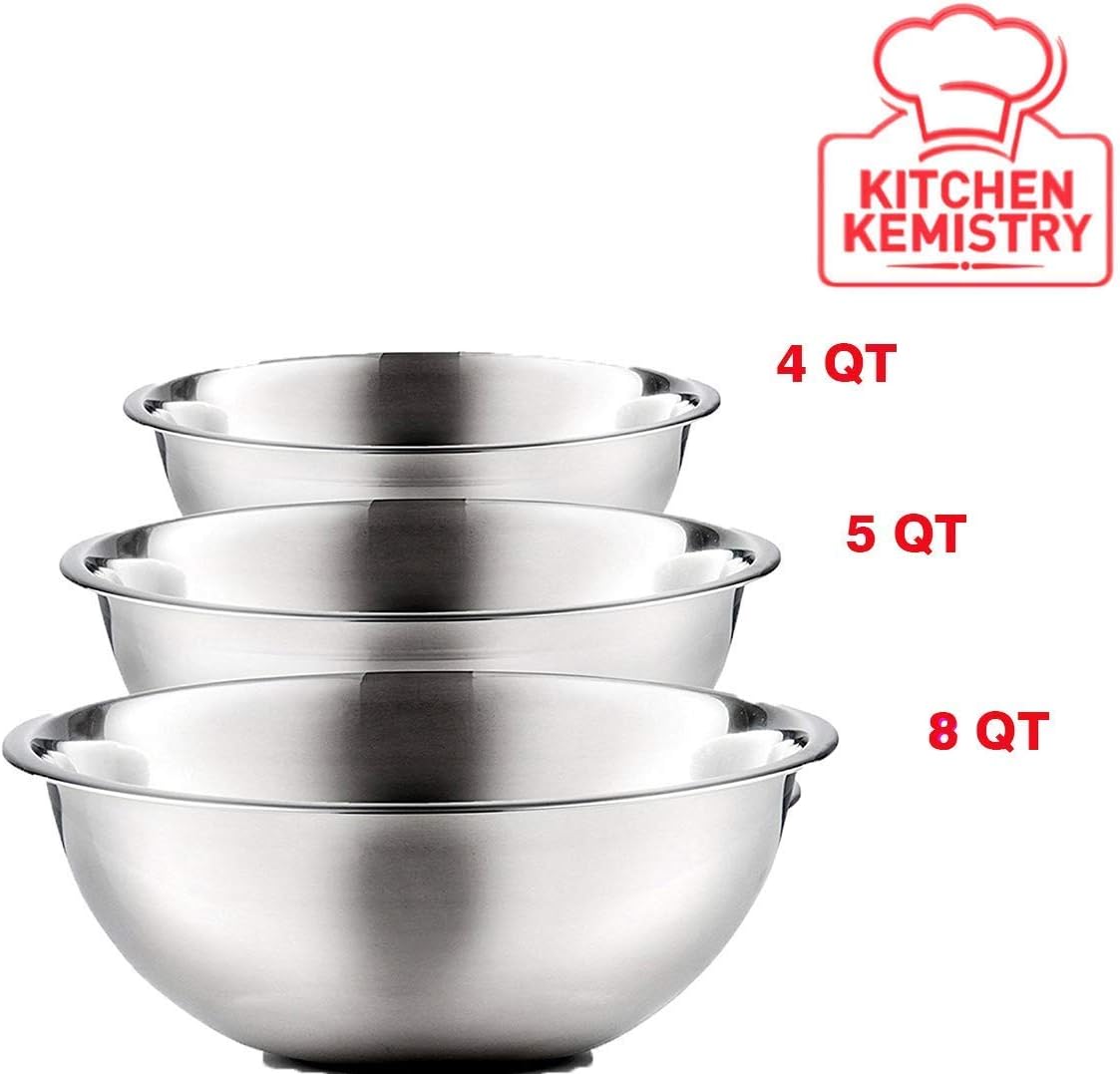 Kitchen Kemistry 100% Stainless Steel Exotic Mixing Bowl Set of 3 Piece,Solid and Durable, Mirror Finish, Flat Bottom