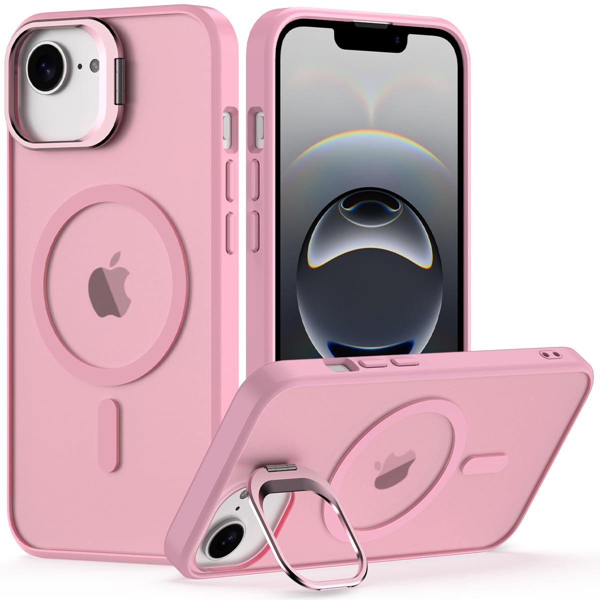 Nvollnoe for iPhone 17e Case,iPhone 16e Case Compatible with MagSafe Military Grade Shockproof Heavy Duty Protective Adjustable Kickstand Matte Semi Clear Phone Cover for iPhone 16e/17e(Pink)