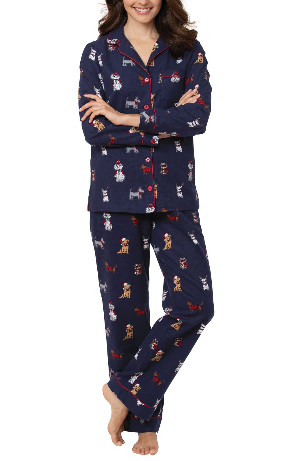 PajamaGram Womens Flannel Pajamas - Women's Petite Dog Pajamas, Navy, XL Image