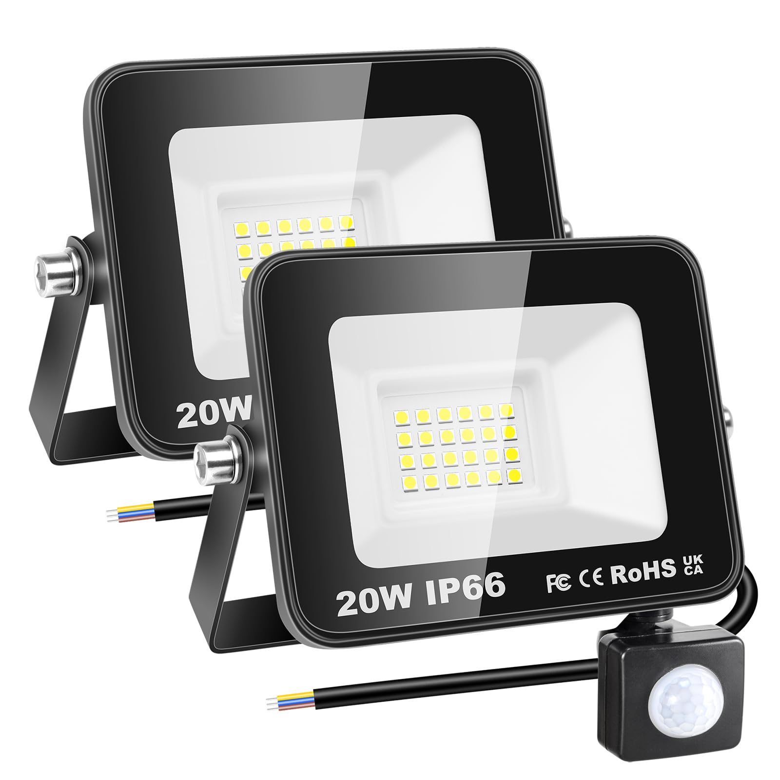 RIGIDON 2 Pcs PIR Motion Sensor Outdoor Security Light, 20W 2000 Lumens Outside Led Floodlight, Cold White Wall Light for Garden Garage Backyard Patio House Doorway, IP66 Waterproof 6000K