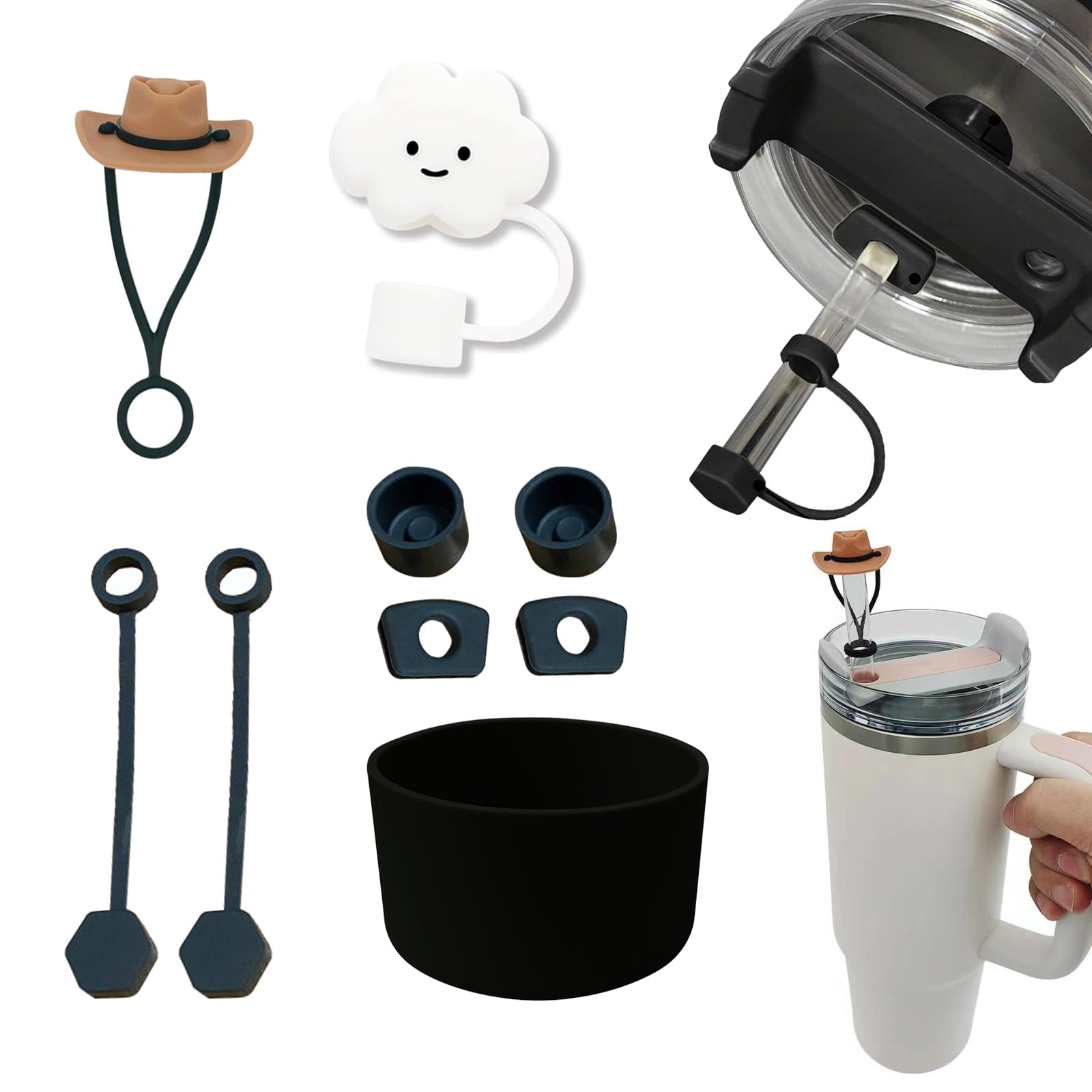 AYNKH Cup Accessories Set for Stanley Cup, Includs 2 Pcs Cup Straw Cover for 9-10mm Straw, 6 Pcs Silicone Spill Proof Stopper, 1 Pc Silicone Bottom Cover, Travel Cup Accessories