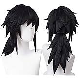 Wiggy Mermaid Giyuu Cosplay Wig with Pigtails for DS Costume Short Black Anime Wigs for Adults with Cap for Halloween Party