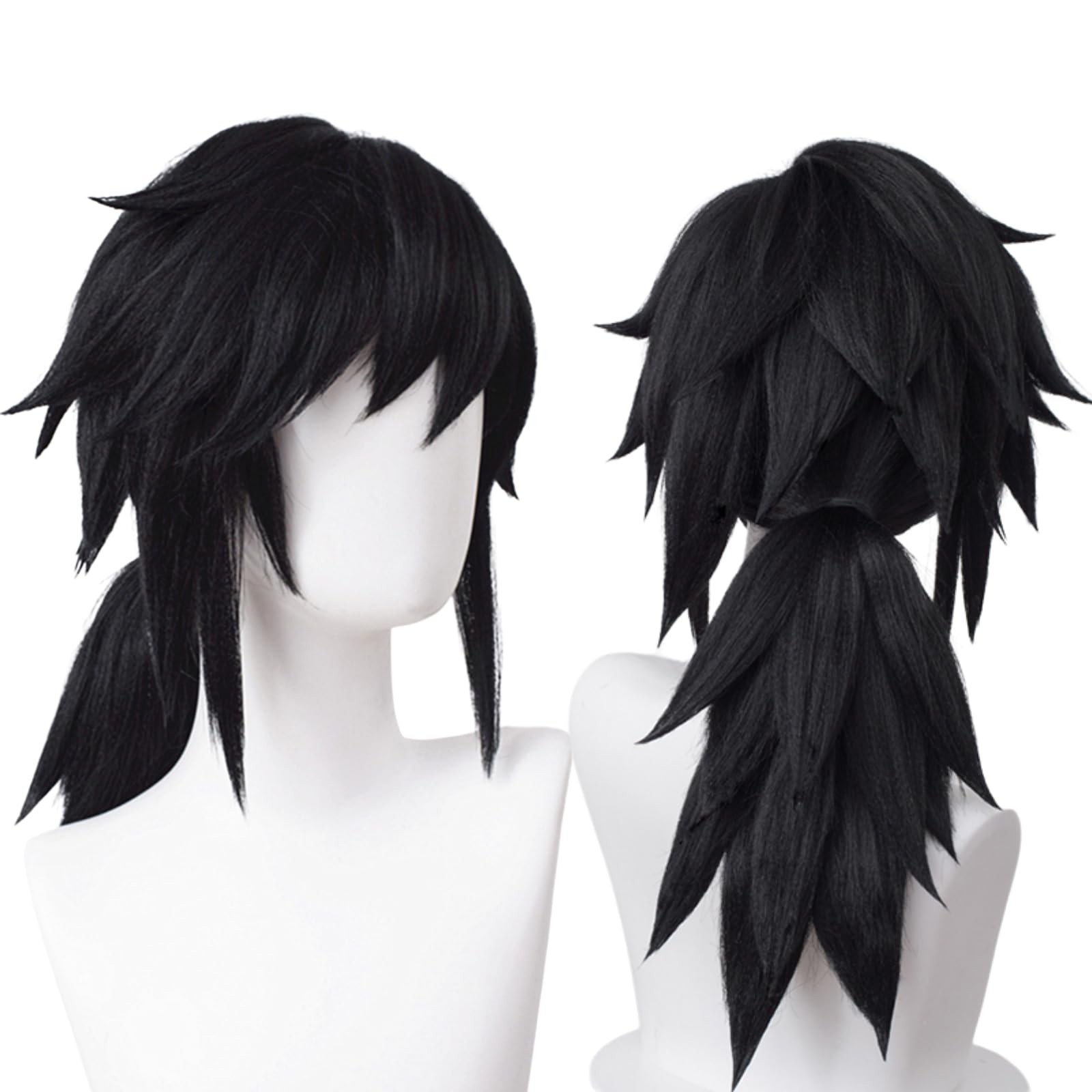 Photo 1 of Wiggy Mermaid Giyuu Cosplay Wig with Pigtails for DS Costume Short Black Anime Wigs for Adults with Cap for Halloween Party