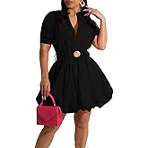 ENOPINK Womens Mini Dress Puff Sleeve Dresses 2026 Button Down Sexy V Neck A Line Party Clubwear with Belt