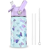 ACESAK 14oz Kids Insulated Water Bottle with Straw Lid - 18/8 Stainless Steel Kid Cup Travel Tumbler Double Wall Vacuum Leak Proof Portable Toddler Water Bottle(Butterfly）