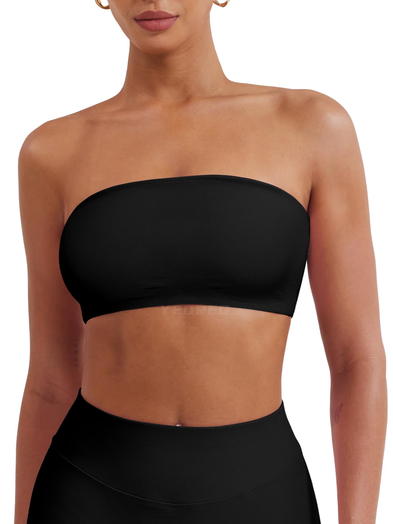 Photo 1 of *** ONLY THE TOP ONE***    YEOREO Strapless Bandeau Sports Bra for Workout Seamless Tube Top Gym Padded Wireless Bra Black M