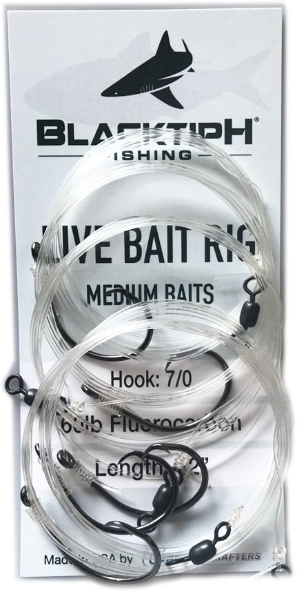 BlacktipH Fishing Gear Live Bait Rigs, Fluorocarbon Leader Fishing Line, Black Nickel Circle Hooks, 5 Pack - Made in The USA