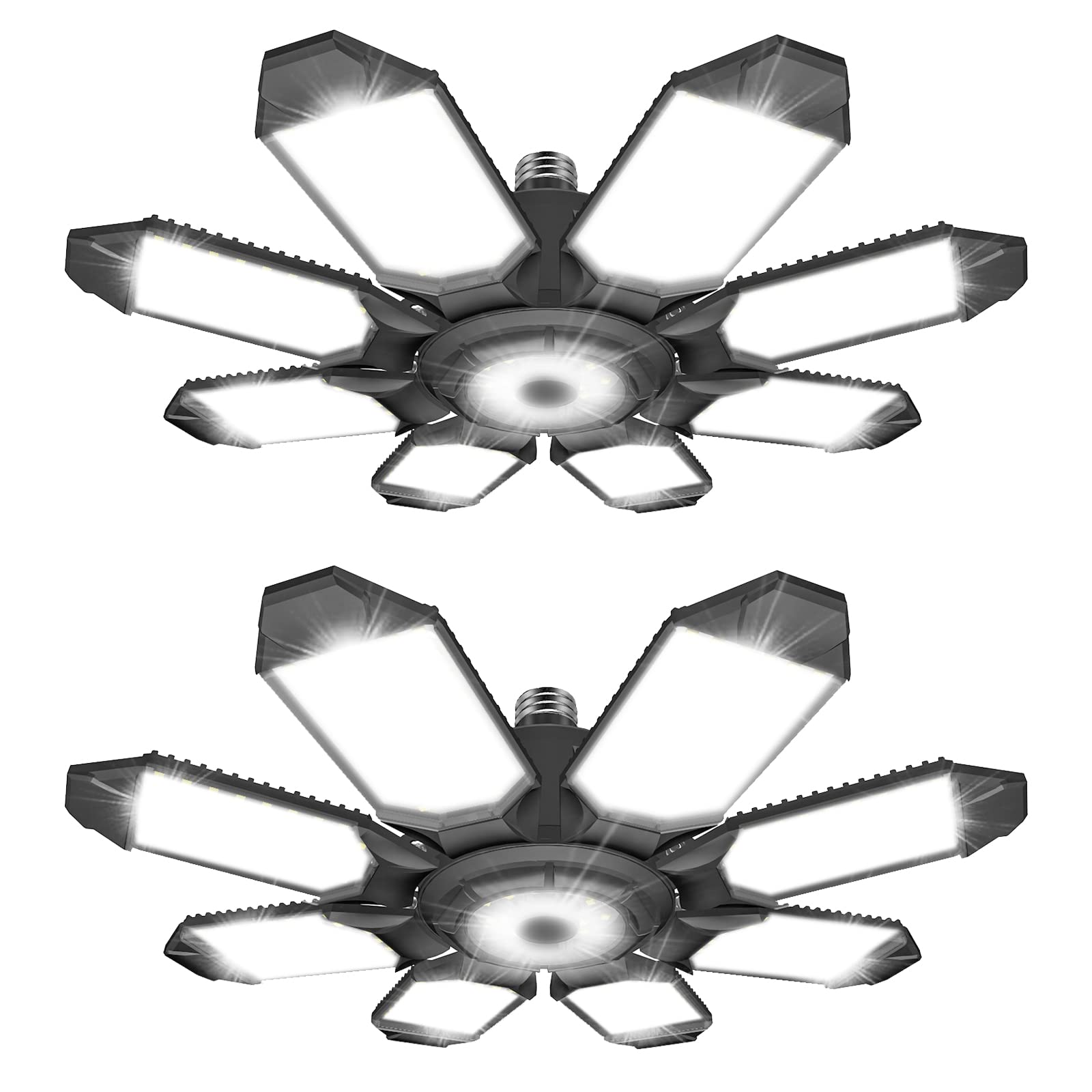 DEEIRAO LED Garage Ceiling Light, 260W 26000LM 6500K Deformable with 8+1 Adjustable Panels Commercia Bay Lamp for E26/E27 Screw Socket,Basement,Barn,Workshop,Attic (2 Packs)