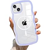 QLTYPRI Magnetic for iPhone 13/14 Case Compatible with Magsafe, Cute Curly Wave Frame Clear Case for Girls Women, Transparent TPU Bumper Shockproof Phone Cover for iPhone 13/14-Purple