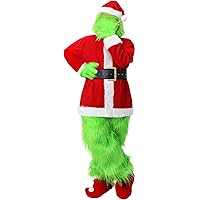 Christmas Costume Adult Green Monster Christmas Costume 7Pcs Deluxe Santa Claus Cosplay Outfit Furry Santa Suit