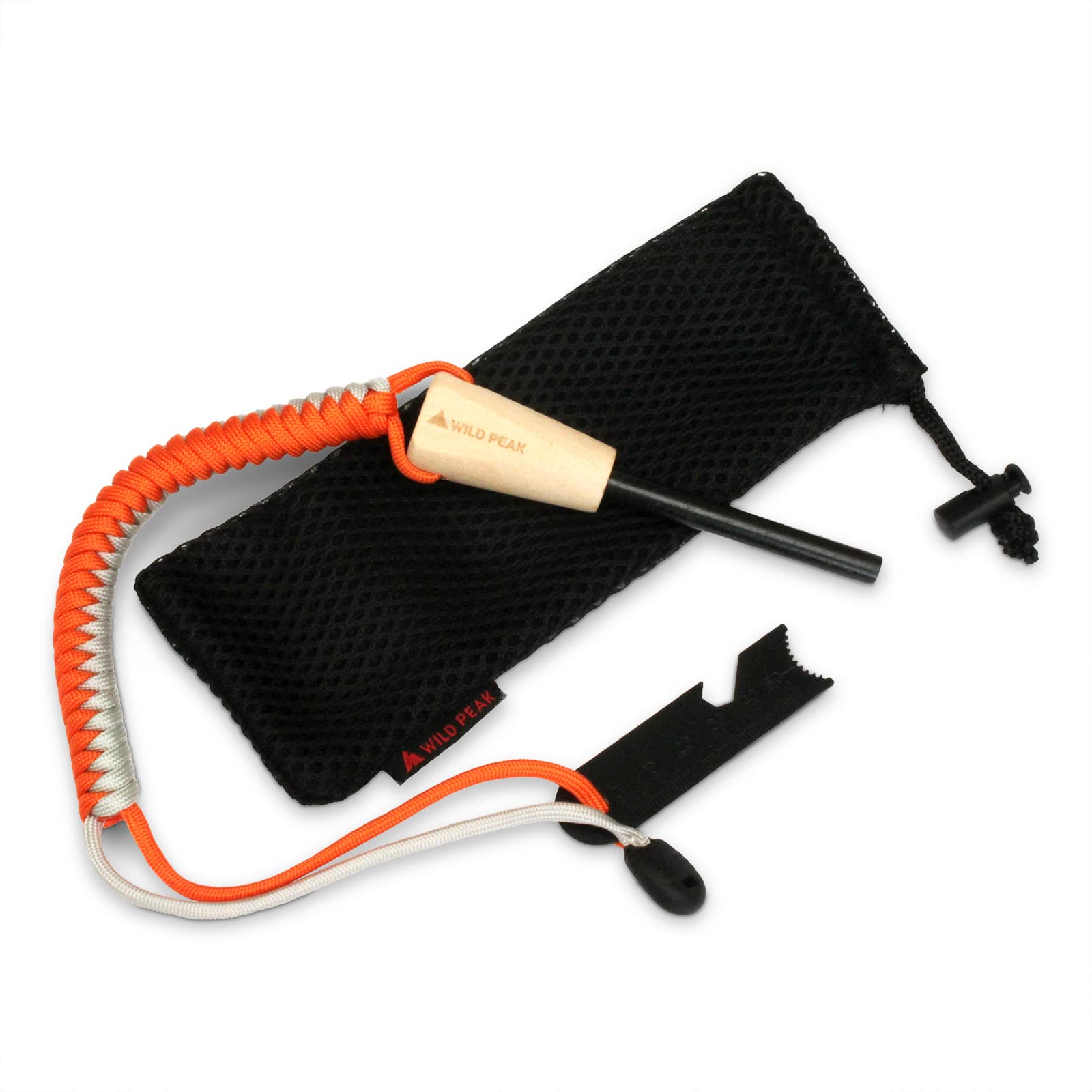 Wild Peak Premium Fire Steel with Paracord Strap & Carry Bag - Quality Ferro Magnesium Rod Fire Starter with over 2m of Military Grade 550 Parachute Cord for Survival & Bushcraft from (Grey & Orange)