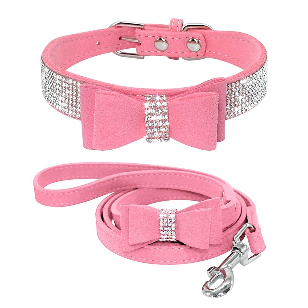 TELEYI Rhinestone Bling Leather Dog Cat Collar & Leash Set Crystal Diamonds Studded Cute Bowknot Puppy Small Dogs Collar Puppy Leash