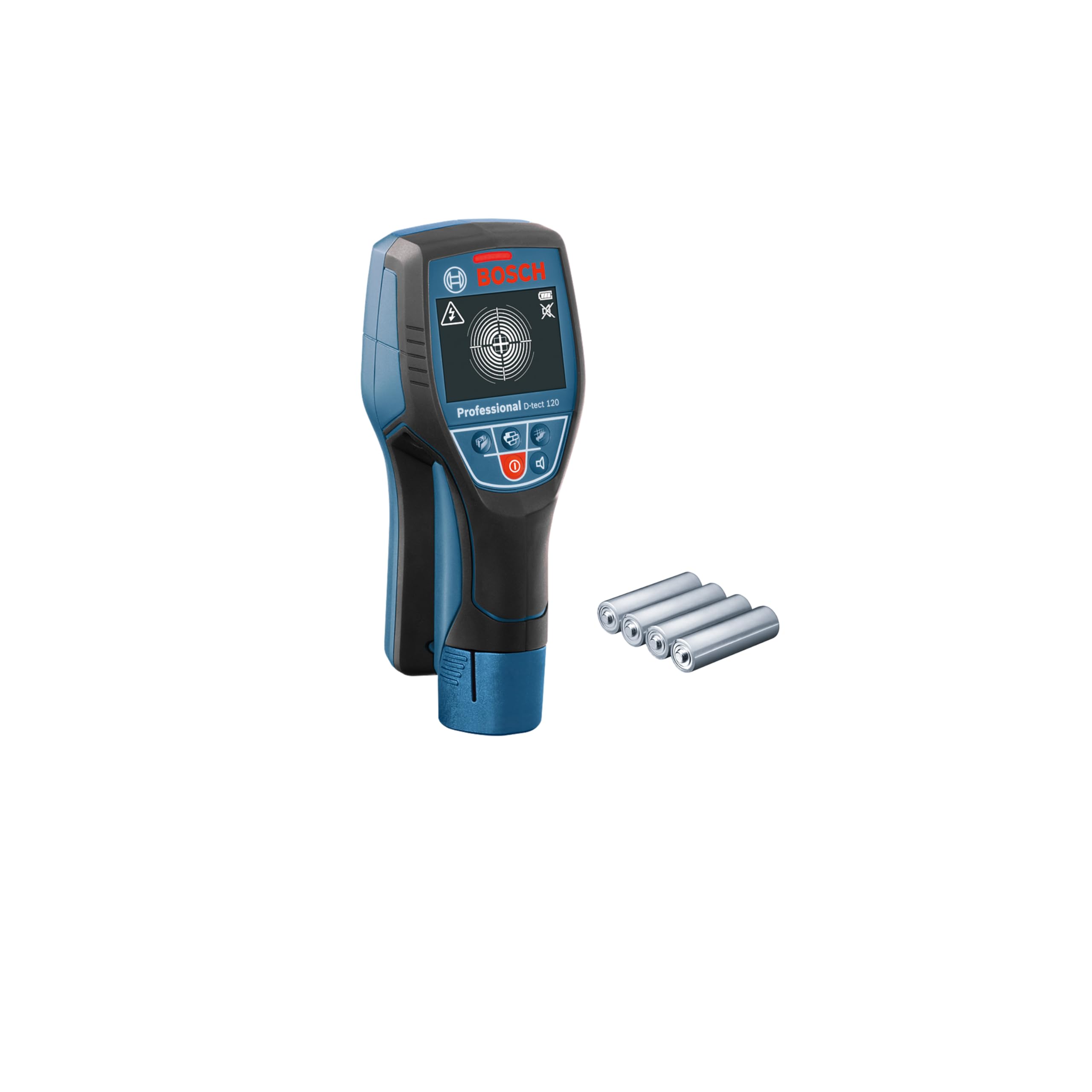 Bosch Professional Wall Scanner D-tect 120 (4 x AA batteries, max. detection depth plastic pipes/wooden studs/live cable/magnetic metal/non-magnetic metal: 60/38/60/120/120 mm, in cardboard)