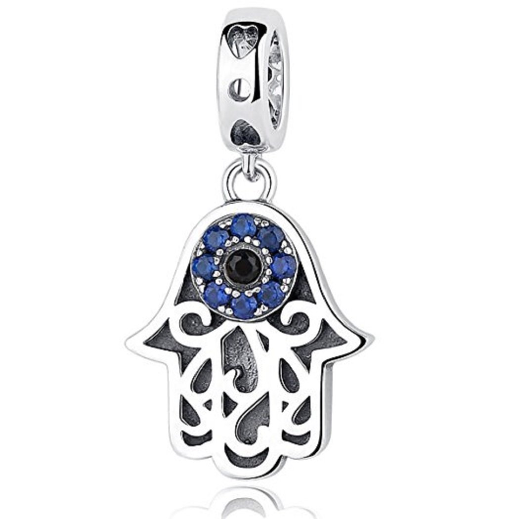 FeatherWish Lucky Hamsa Evil Eye Charm 925 Sterling Silver Family Love Travel Dangle Pendant Fits And Compatible With Pandora Bracelets Gift Birthday Wife Friend Daughter (Blue Cubic Zirconia)